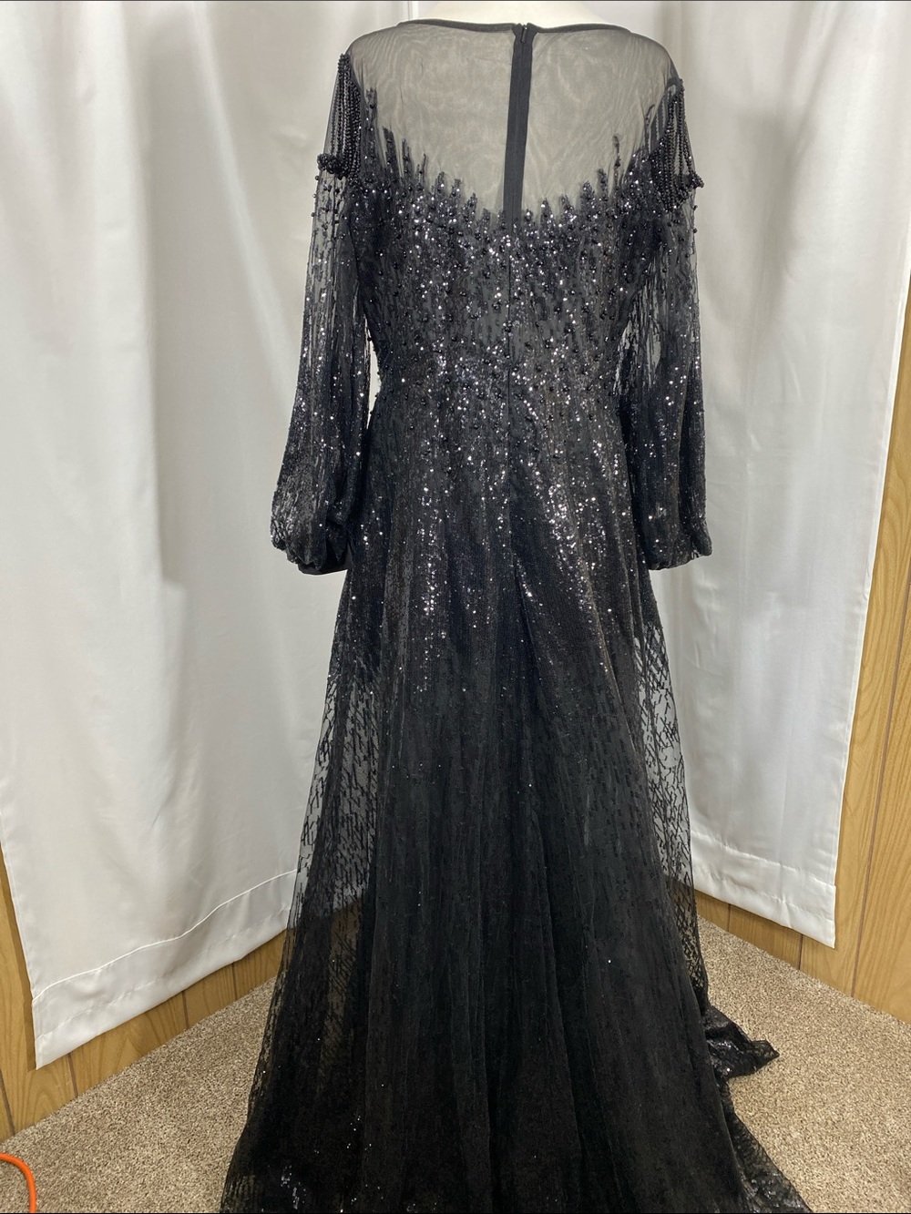 Mac Duggal Black Jewel Encrusted Illusion Long Sleeve A-line Gown Size 14 NWT - Picture 13 of 16